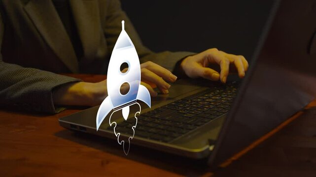 Against the background of a woman working on a laptop, a symbol of a rocket flying upward appears, as the implementation of a business idea. The concept of digitalization of making money. Cg
