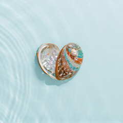 Colored abalone shells with pearlescent colors at seawater waves summer background at sunlight,...