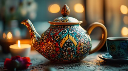 Ornate teapot and teacup on table, candles blurred background, cozy atmosphere, perfect for relaxation and tranquility