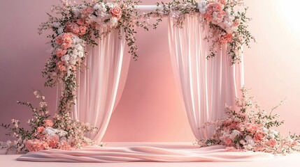 Elegant floral backdrop with draped fabric for a wedding ceremony, soft lighting ambiance