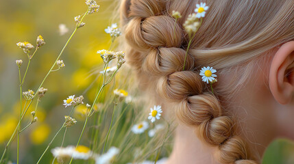 Naklejka premium Side portrait of a bohemian braid adorned with small wildflowers, soft natural light highlighting the intricate weaving, relaxed and free-spirited
