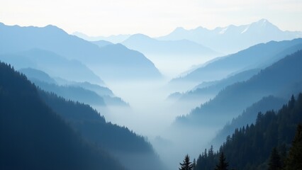 A majestic mountainous valley with fog drifting between the hills, creating a serene and tranquil landscape.
