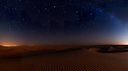 Starry night desert landscape, dunes under Milky Way, city lights in distance; travel, nature backdrop