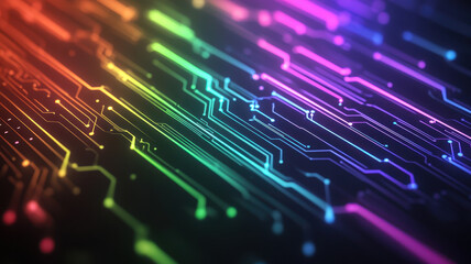Colorful circuit board design with vibrant lines and patterns, showcasing technology beauty and complexity