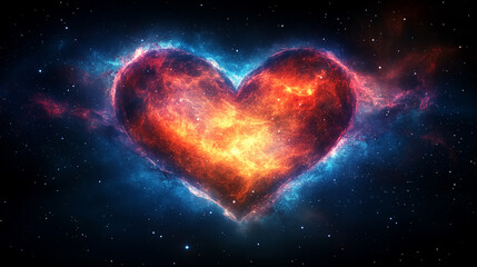 A heart-shaped nebula in deep space, surrounded by stars and cosmic dust, with no sunlight visible. The vivid celestial scene captures chaos and cosmic beauty, offering space for text