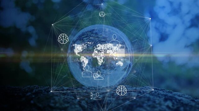 Polygonal network with symbolic icons on the background of a glass ball with outlines of continents. Concept Interrelationship Human and natural resources. Cg