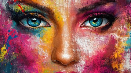 Naklejka premium Chromatic Vision, A vibrant painted portrait of striking blue eyes