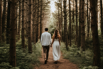 A couple walks hand in hand through a serene forest path, surrounded by tall trees and lush greenery, creating a peaceful and intimate atmosphere.