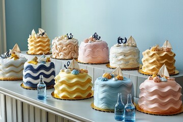 Nautical-themed cakes with wave patterns and miniature sailboats for a summer celebration