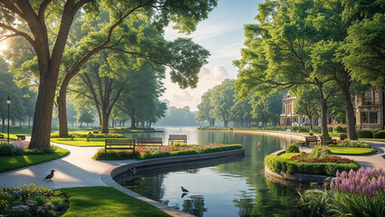 A picturesque park scene showcasing a calm pond at its center, bordered by vibrant trees, perfect for leisurely strolls