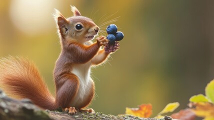 Cute red squirrel stands on log, holding blueberries in its tiny paws
