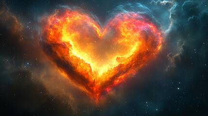 A heart-shaped nebula in deep space, surrounded by stars and cosmic dust, with no sunlight visible. The vivid celestial scene captures chaos and cosmic beauty, offering space for text