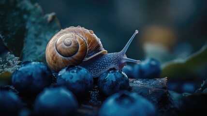 Close-up of snail on blueberries, with blurred natural background