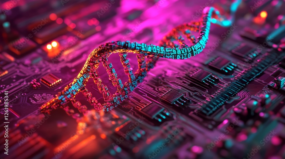 Poster a futuristic digital dna helix rises from a microchip, encircled by binary code and illuminated circ