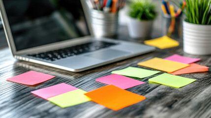 Colorful sticky notes scattered on a workspace desk