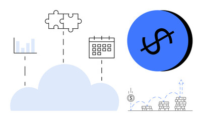 Financial growth represented by stacked coins and a large dollar sign. Cloud computing connecting bar graph, puzzle piece, and calendar. Ideal for business, finance, technology, cloud computing