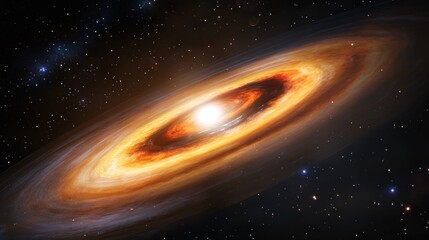 A vibrant cosmic scene depicting a swirling galaxy with bright stars and nebulae.