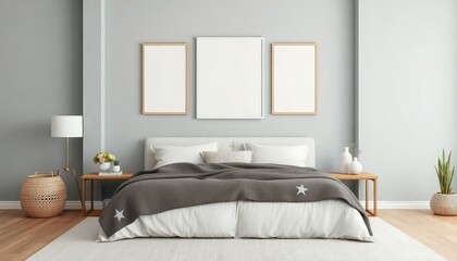 Coastal master bedroom with beach themes and a blank white a4 frames mockup hanging on the wall.