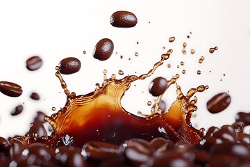 A freeze-frame shot of coffee beans splashing into dark coffee, liquid droplets suspended in mid-air, crisp HD quality against a pure white backdrop.