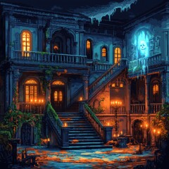 Obraz premium Enchanted Gothic Manor with Mysterious Light and Overgrown Nature