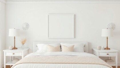 Coastal chic master bedroom with seashell motifs and a blank white a4 frames mockup hanging on the wall.