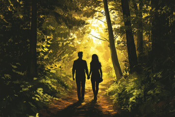 Fototapeta premium Silhouetted couple walks hand in hand through a sunlit forest path, surrounded by lush greenery and golden light, evoking a sense of tranquility and romance.