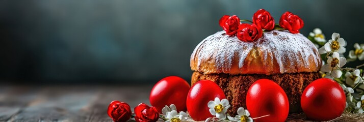 Traditional orthodox Easter bread and red easter eggs with floral decorations. Horizontal banner. Copy space. Kulich and red eggs on a holiday table