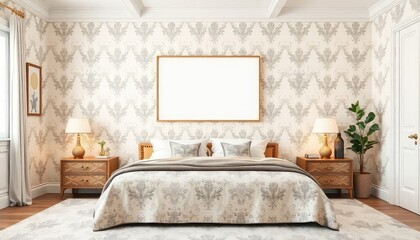 Classic master bedroom with toile patterns and a blank white a4 frames mockup hanging on the wall.