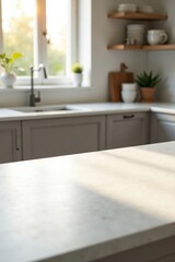Bright Sunlight Illuminates a Clean Kitchen Countertop in a Modern Home with Soft Grey Cabinets and Open Shelving