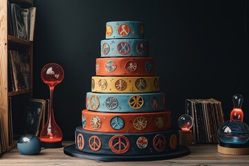 Colorful peace symbol cake with retro decor in vinyl record room