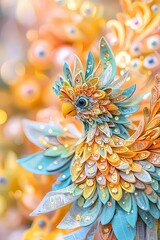 Fototapeta premium Intricate Paper Bird Sculpture Vibrant Yellow Blue and Orange Hues Close Up Detail
