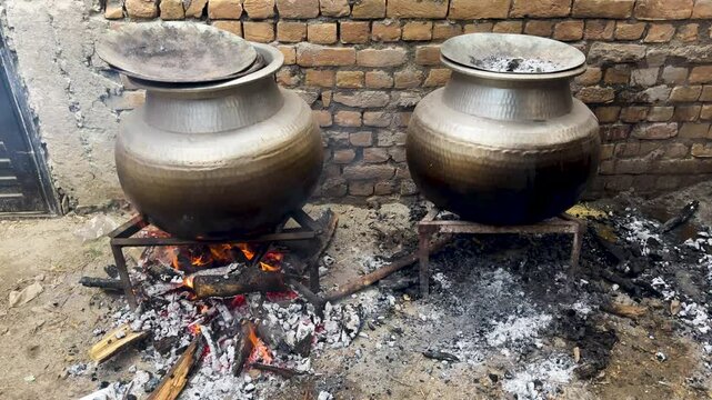 Rice Cooking in a Traditional Degs Over Open Fire