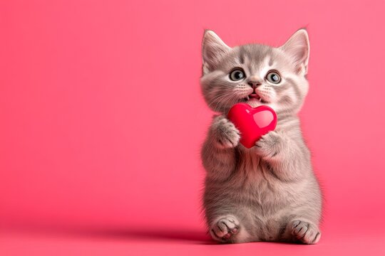 Ad visual idea. Cute siberian baby cat with diamond red heart - emblem of love, funny greeting card. Siberian - my treasured cat. Cute pet. Valentine's furry concept. Valentine's card pet.