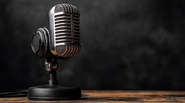 Vintage microphone and headphones on wooden table with dark textured background