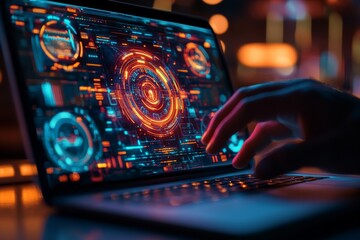 A doctor using a laptop and tablet to access a medical network connection, displayed on a virtual screen with modern icons, symbolizing digital healthcare and advancements in medical technology