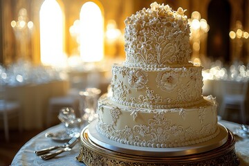 Elegant tiered wedding cake with intricate floral designs in luxurious setting