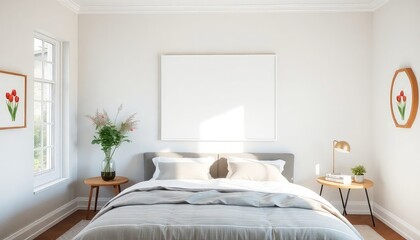 Bright master bedroom with tulip prints and a blank white a4 frames mockup hanging on the wall.