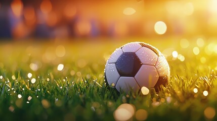 Fototapeta premium Morning glory vibrant soccer field at sunrise lone ball amidst potential pain and injury