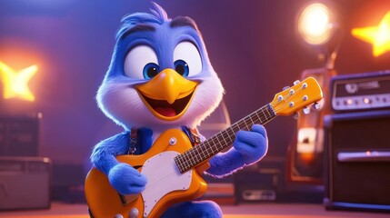 Naklejka premium A cheerful blue bird cartoon character plays a yellow guitar on a stage with spotlights.