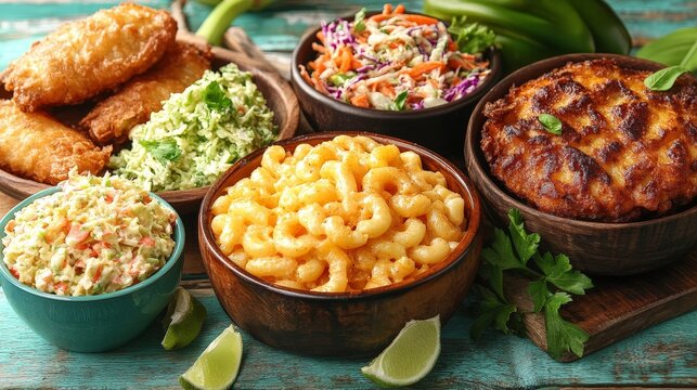 A colorful spread of various delicious side dishes and main courses on a rustic table.