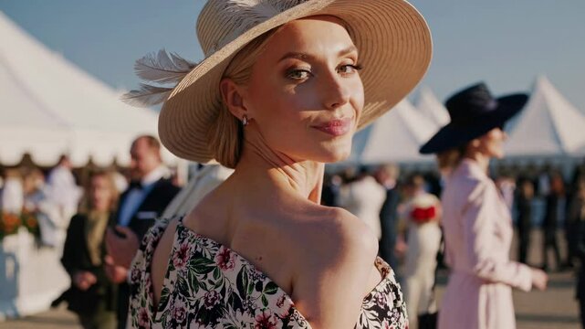 An elegant blond woman wears a decorative hat at a horse racing event. She sports a floral dress, showcasing Old Money style. Lively racetrack spring atmosphere. High society