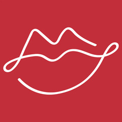 White Line Art Lips on Red Background