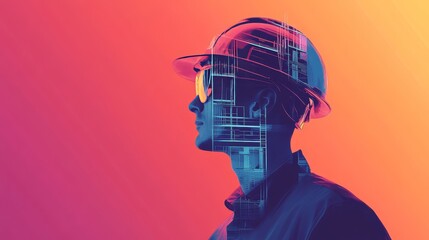 Building construction engineer illustration with double exposure graphic design and Building engineers, architect people or construction workers working