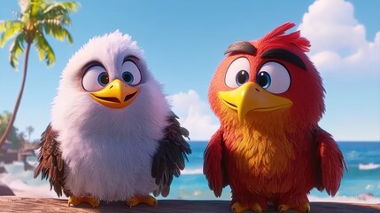 Two cute cartoon birds, one white and one red, perched on wood near a tropical beach.