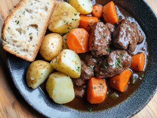 A well-prepared beef stew with tender chunks of meat, creamy sauce, and a variety of vegetables including potatoes and carrots.