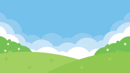 Fotobehang Boerderij An illustration of a blue sky with white clouds over a lush green garden landscape.  © K Ching Ching
