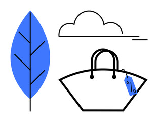 Blue leaf next to outlined shopping bag with a price tag under a minimalist cloud. Ideal for eco-conscious lifestyle, sustainability, shopping, nature, minimalism, environmental awareness, green