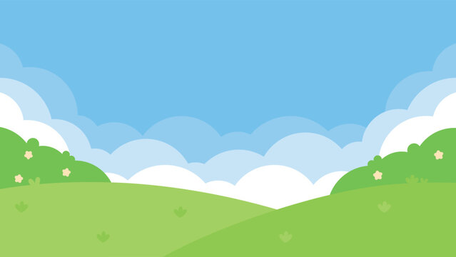 An illustration of a blue sky with white clouds over a lush green garden landscape.