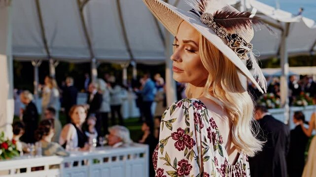 An elegant blond woman in a large sun hat with feathers attends a horse racing event. Old Money style. High society members enjoying a spring garden party at a racetrack