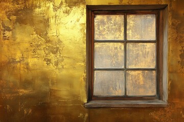 Old six pane window on a wall of golden texture